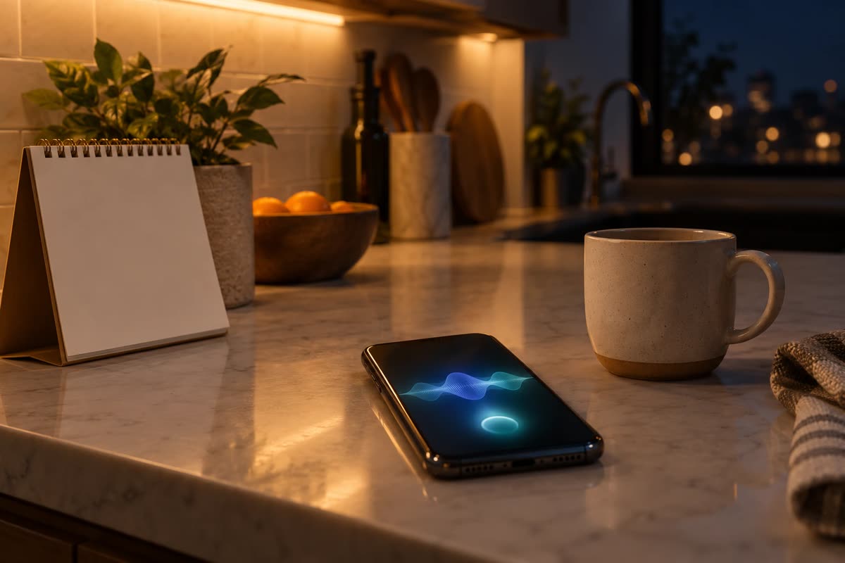 Smartphone glowing with an incoming call on a kitchen counter at night