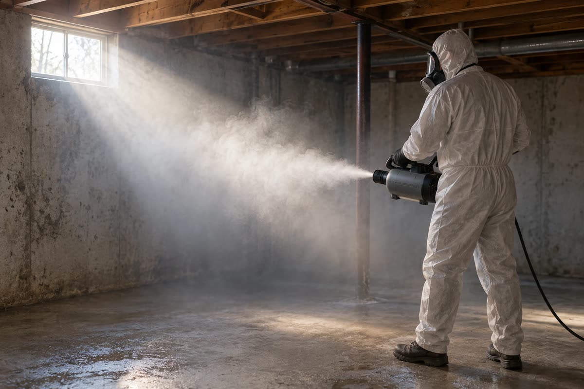 Technician in a respirator running a dry-fog machine in a basement