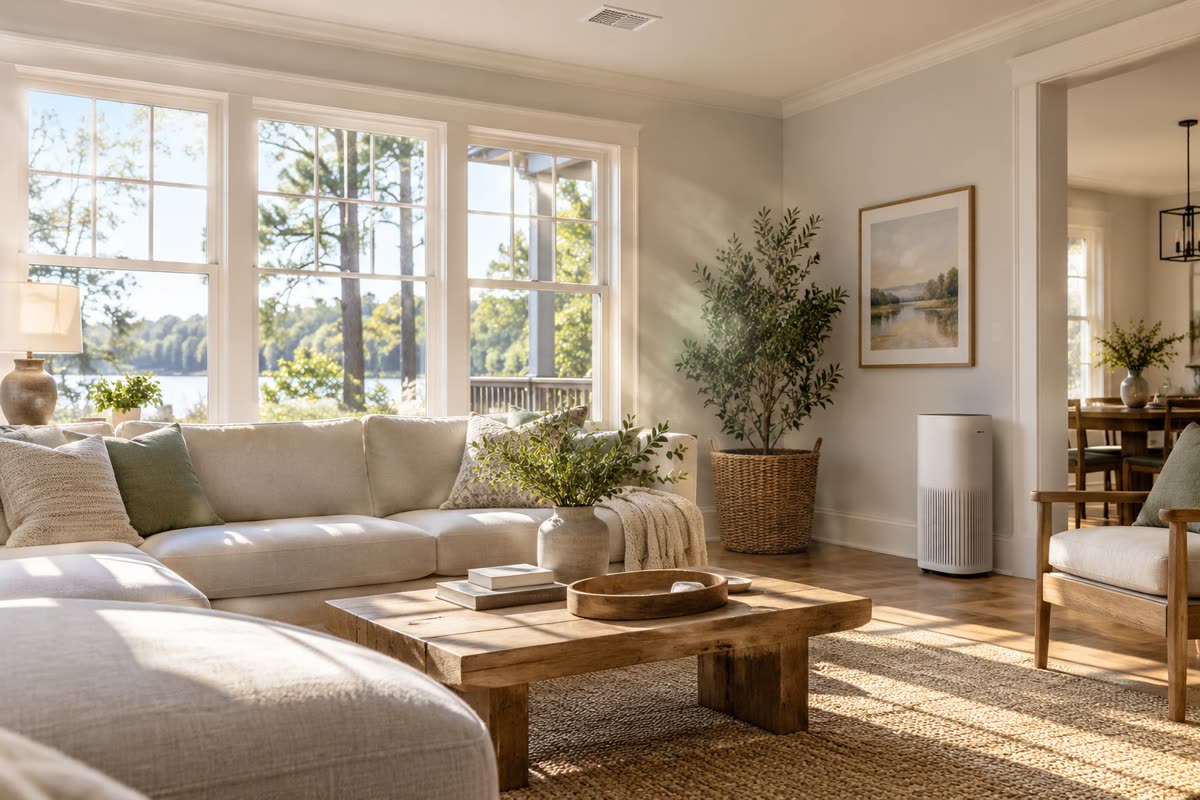Bright living room with an air purifier and sunlight streaming in